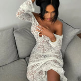 Lunivop White Sexy Lace Hollow Long Sleeve Dress For Women See Through Maxi Dress Hot Girl Fashion Bodycon Backless Outfits Lady