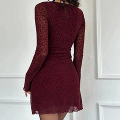 Lunivop Sexy Wine red Flocking Flower Mesh Flare Sleeve Dress Woman Bow Square neck Package Hips A-line Mini Party Robe Bodycon