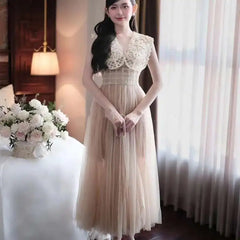 Lunivop Women's Fashion Evening Dress V-neck Sleeveless Lace Hollow Out Spliced Slim Mesh Dresses All Season New Tide