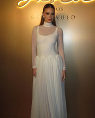 Lunivop Elegant Tulle Long Wedding Dresses High Collar Draped Simlpe Prom Dresses Formal Full Sleeves Illusion Bridal Gowns Customized