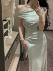 Lunivop Summer French Slim Dress Women Casual Sleeveless Slant Shoulder Dress Evening Party Elegant One Piece Dress Korean Fashion