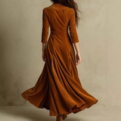 Lunivop Velvet Maxi Dress Women Vintage Fashion Notched Collar 3/4 Sleeve Single Breasted Empire Waist Fit Flare Party Long Robe Vestido