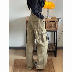 Lunivop Vintage Streetwear Khaki Cargo Pants Women Y2K Popular Baggy Big Pocket Wide Leg Jeans Fashion All Match Outdoor Joggers Trouser