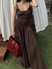 Lunivop White Camisole Shirring Long Dress Women Slim Solid Sleeveless Casual High-Waist Pleats Streetwear New Female Maxi Dresss