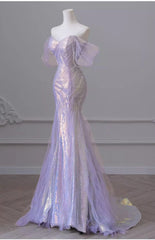 Lunivop Purple Laser Sequin Beaded Mermaid Women Evening Dress With Puff Sleeves Tassel Pearls