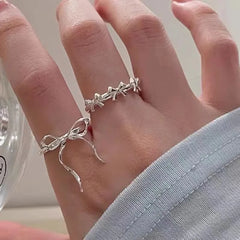 Lunivop Y2K Romantic Lovely Silver Color Bow Tie Ribbon Rings for Women Exquisite Fashion Geometric Lines Open Finger Ring Jewelry Gift