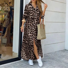Lunivop New European American Spring Summer Casual Leopard Print Fashion Slit Extra Long Women's Shirt Dress