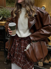 Lunivop Casual Zipper PU Leather Short Jackets Women Vintage Loose Lapel Long Sleeved Jacket Female Autumn Solid Chic Moto Biker Tops