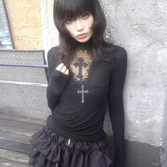 Lunivop Y2k Gothic T Shirt Women Hollow Out Patchwork Vintage Crop Tops Streetwear American Retro Grunge Tops Aesthetic Tshirt