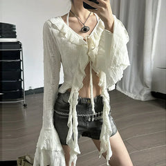 Lunivop Butterfly Sleeve Tassel Long Sleeve Ruffles High Waist Crop Top Tshirt Hollow Out Summer Fashioon Y2K Casual Clothes