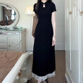Lunivop Ele Bla Dr New Chinese Sle High Waist A-Line Skirt ort Sve Women's Spring Faion Sensation Gown