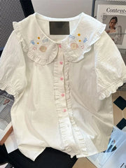 Lunivop Lolita Cute White Shirt Women Vintage Short Sleeve Kawaii Blouse Japan Preppy Style Embroidery Peter Pan Collar Retro Tops