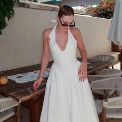 Lunivop Summer Women's American Fashion Simple Commuter Hanging Neck V-neck Solid Color Ruffle Skirt Long Dresses Women's New