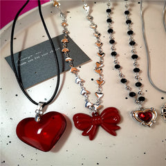 Lunivop Y2K Red Glass Crystal Heart Metal Bowknot Pendant Chain Necklace Women Gothic Harajuku Retro Jewelry Accessories Christmas Gift