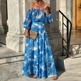 Lunivop Summer Pattern Printed Dress Lady Sexy Off Shoulder Nine Points Sleeved Summer Casual Hollow Waist Party Dresses