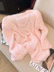 Lunivop Pink Sweet Knitted Sweaters Women Fashion Lazy Wind Diamond Elegant Jumper Korean Chic Long Sleeve Loose Fall Winter Pullovers