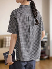 Lunivop Japan Plaid Shirt Women Vintage Causal Short Sleeve Simple Blouse Preppy Style Retro Loose Female Summer Cute All Match Top