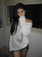 Lunivop Korean Fashion Graphic Tees Women Transparent Vintage Gothic T Shirt Long Sleeve Loose Punk T-shirt Streetwear Tops