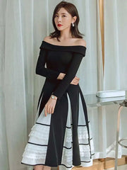 Lunivop Elegant Luxury Evening Dress Slash Neck Long Sleeve Slim Contrast Color Patry Dresses For Women New Spring