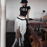 Lunivop Deeptown Korean Style Irregular Skirt Women Vintage Elegant White Ruffle Skirt Lace Patchwork Summer Layered Midi Skirts Street