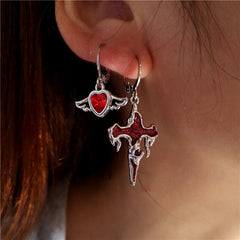 Lunivop Gothic Punk Irregular Red Crystal Heart Cross Pendant Earrings For Women Men Grunge EMO Aesthetic Rave Jewelry Y2K Accessories
