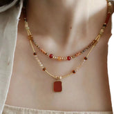 Lunivop Vintage Ethnic Style Colorful Beaded Square Pendant Double Necklace Ladies Niche Personalized Holiday Accessories Gift
