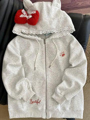 Lunivop Kawaii Print Bow Hoodies Women Sweet Lace Patchwork Long Sleeve Cute Sweatshirts Japan Loose Pockets Letter Female Zipper Tops