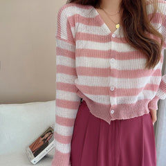 Lunivop Women Striped Knit Cardigan Button Front Long Sleeve V-neck Crop Sweater Jacket Comfy Knitwear French Chic Autumn Winter Outfit