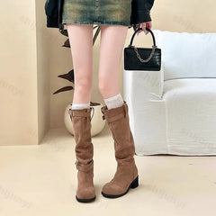 Lunivop Women Pleated Boots Female Faux Suede Knee High Boot Ladies Autumn Winter Fashion Buckle Slip on Square Heel Knight Booties