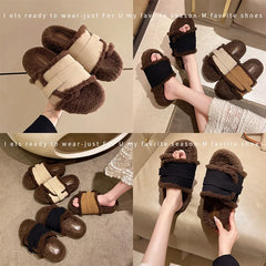 Lunivop Fluffy Faux Fur Plush Slippers Fashion Design Women Home Slippers Indoor Open Toe Flat Non-slip Leisure Large Size Female Slides