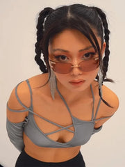 Lunivop Spring Summer Punk Women Halter Tops Gothic E-girl Patchwork Hollow Out Long Sleeve Crop Top Sexy Cut Out Casual T-shirts