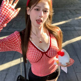 Lunivop Vintage Contrast Color Plaid Sexy Long-sleeved T-shirt Women 2024 Autumn New High Street V-neck Bow Stitching Casual Crop Tops