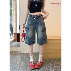 Lunivop Blue Women's Shorts Jeans High Waist Straight Pants TIKTOK Streetwear Y2K 90s Vintage Female Wide Leg Denim Five Points Trouser