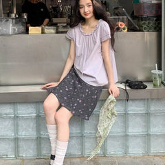 Lunivop Vintage Floral Skirt Women Japanese Style Elegant Sweet Mid Skirt Black Harajuku Y2k Fashion Short Skirts Aesthetics