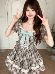 Lunivop Vintage Square Collar Bow Plaid Dress for Women Summer New Puff Sleeve Dresses Y2k Lace Up Slim Waist Vestidos De Mujer
