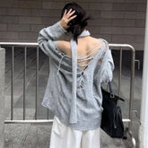 Lunivop High Street Gray Hollow Hole Sexy Long Sleeve Sweater Women Autumn New Korean Strapless Lace-up Loose Casual Knitted Tops