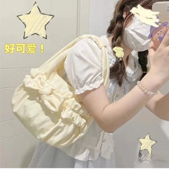 Lunivop Harajuku Bow Beige Shoulder Bags Women Lolita Sweet Canvas Handbag Female Fairycore Aesthetic Kawaii Underarm Bag Y2k