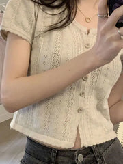 Lunivop Design Sensation Hollow out ort Knitted Top Women's Summer New Fre Sweet Anti-Aging Charming irt Korean Sle Slim Fit