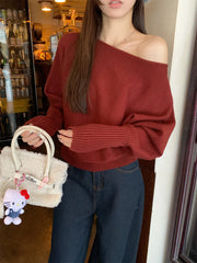 Lunivop Off Shoulder Knit Top for Women Slash Neck Rib-knit Batwing Sleeve Sweater Pullovers Autumn Winter Korean Fashion Outfit