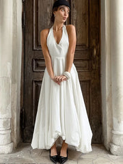 Lunivop White Sexy Sleeveless Halter Dress For Women 2024 Autumn New A-Line Long Dress Lady Elegant Bodycon Evening Party Dresses