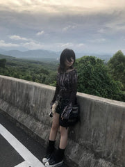 Lunivop Street Punk Gothic Dark Academia Clothes Slash Neck Mesh Long Sleeve Tops Mujer 2025 Summer New Print T-shirt for Women