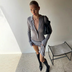 Lunivop Turn Down Collar Button Long Sleeve Bandage Mini Short Women'S Dresses Y2K Streetwear Casual Clothes Party Dress