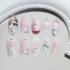 Lunivop 24pcs Summer Sweet Pink Roses Flower Medium Long Almond Nail Art Nails Set Press on Acyrlic Fake Nails Set Nail Tips with Charms