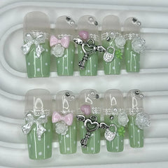 Lunivop Y2K Vintage Gyaru French Lace Long Handmade Press On Nails Bow Pearl Polka Dot Clover Fake Nails Cute Mint Green Lolita Nail Art