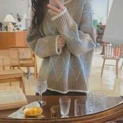 Lunivop Blue & Grey Argyle Sweater Women Crew Neck Long Sleeve Pullovers Jumper Shcoolgirl Fall Winter Preppy Style Outfit