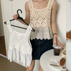 Lunivop Women Crochet Tank Top with Eyelet Lace Trim Sleeveless Square Neck Cami Top Summer Bohemian Beach Vacation Outfit