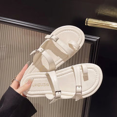 Lunivop Summer Solid Color Flat Sandals New Open Toe Outdoor Slippers Beach Women's Shoes Belt Buckle Slides Zapatos De Mujer