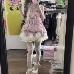 Lunivop Vintage Harajuku Lace Pleated Drastring Sling Dress Y2k Japanese Sweet Lolita Cute Flower Print Puffly Dresses Punk Girl Clothes
