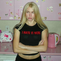 Lunivop I HATE IT HERE Aesthetic Cute Vintage Street Women Print Grunge T-shirt Y2k Clothes Gothic Black Baby Tee Emo Girl Slim Crop Top