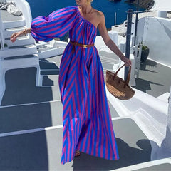 Lunivop Striped Maxi Dress Women Off Shoulder One Sleeve Skew Neck Party Club High Waist with Sashes A-line Long Dress